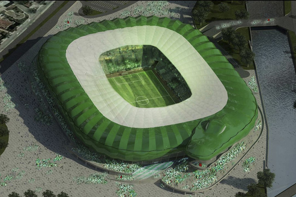 Бурсаспор. Для своего родного клуба страна строит стадион, чей фасад полностью оправдывает прозвище «зеленых крокодилов». У гигантского аллигатора в ночное время даже загораются глаза-фонари.
