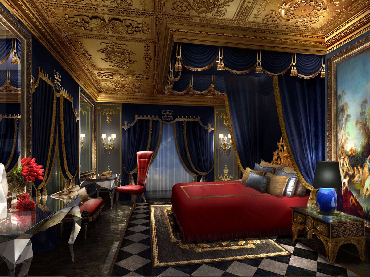Спальни в отеле поистине королевского масштаба — роскошная двуспальная кровать украшена тяжелым бархатным пологом.  К каждому постояльцу тут приставлен личный дворецкий.