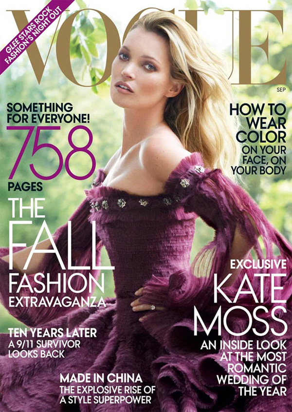 <p style="text-align: center;">Кейт Мосс на обложке Vogue US, вышедшего в сентябре 2011 года. Фотограф &mdash; Марио Тестино.&nbsp;</p>